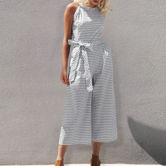 YFPWM Women Overalls Jumpsuit Baggy Wide Leg Jumpsuits Casual Loose Wide Leg Pant Knitted One Piece Bodysuit Summer Striped Print Sleeveless Round Neck Lace Straight Jumpsuit