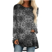 YFPWM Women Skull Sweatshirt Casual Graphic Tee Skeleton Pullover Funny Letter Print Long Sleeve Shirt Round Neck Spider Top Witchy Clothes Pumpkin Witch T-Shirt Dark Gray XXL