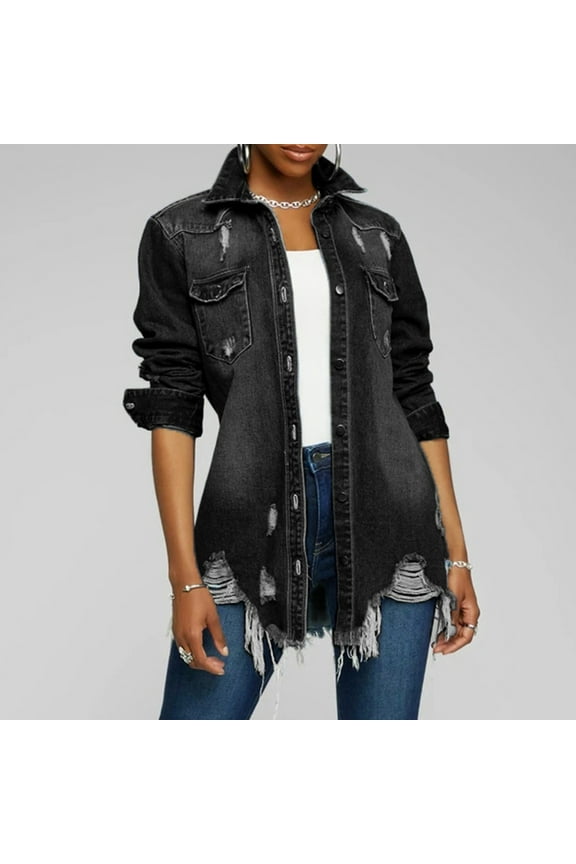 Women Tops Dressy Casual Wrap Tops Basic Tank Tops Plus Size Tops Shirts Teacher T Shirts Button Down Shirts Hawaiian Shirt Street Ripped Mid-length Distressed Solid Denim Jacket