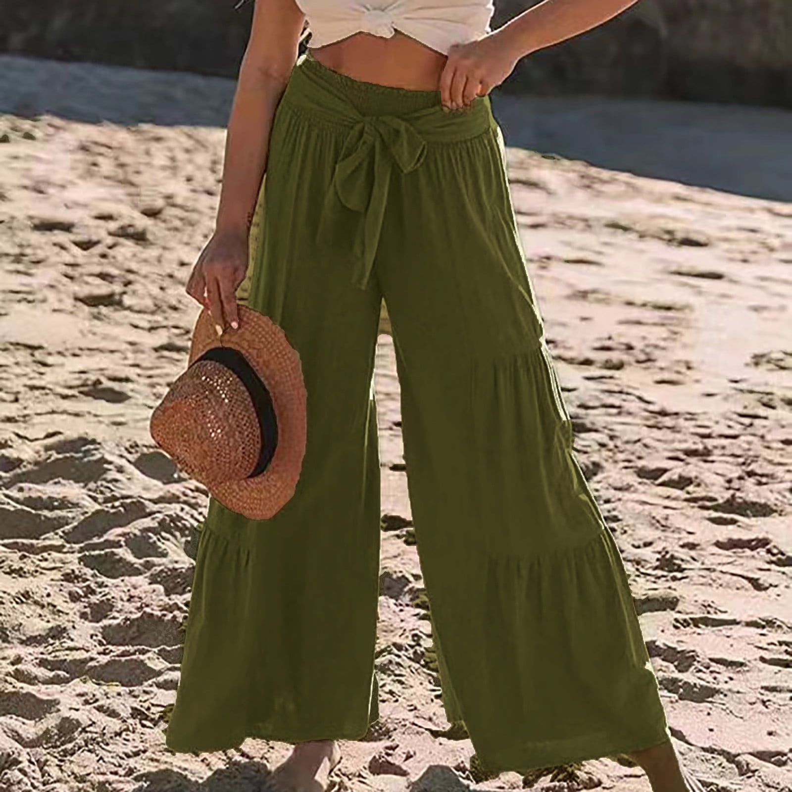 YFPWM Women Trousers High Waisted Green Opaque Stretchy Knee High Trouser Wool  Blend Cropped Wide Leg Pants Haven Straight Trouser Retro Wide Leg Trouser  