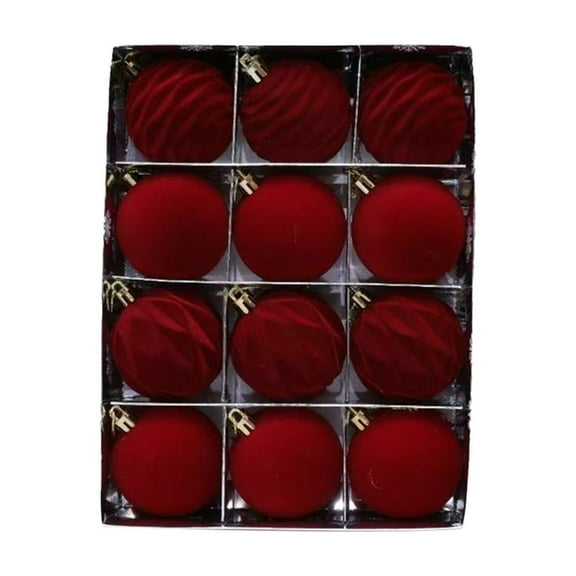 YFTDEF Christmas Decorations 12Pcs Flocked Balls, Wine Red Ornaments, Vintage Style Home Decor, Easy to Hang Christmas Tree Accessories for Holiday Season, 2.37in