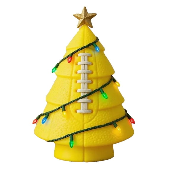 YFTDEF Football Shaped Christmas Tree, Sports Themed Holiday Decor with Colorful Lights and Gold Star, Novelty Decor for Game Room, Office Desk, Unique Gift for Sports Fans