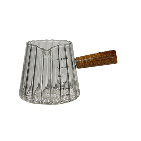 YFTDEF Wooden Handle Glass Milk Cup, Small Coffee Pot, Stylish Condiment Cup, Elegant Kitchen Decor, Versatile Measuring and Serving Tool, Ideal for Beverages