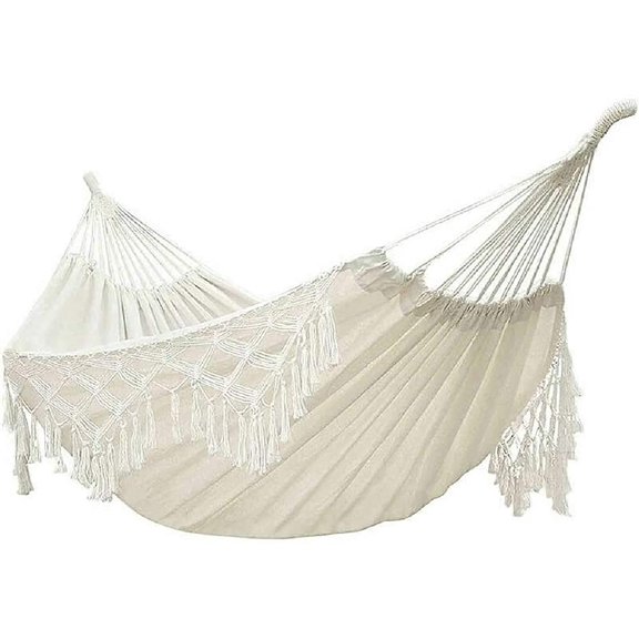 YFUG GO Double Sized Boho Macrame Cream Hammock with Elegant Tassels and Fishtail Knitting 485Lbs Includes Tie Ropes and White Drawstring Bag for Women