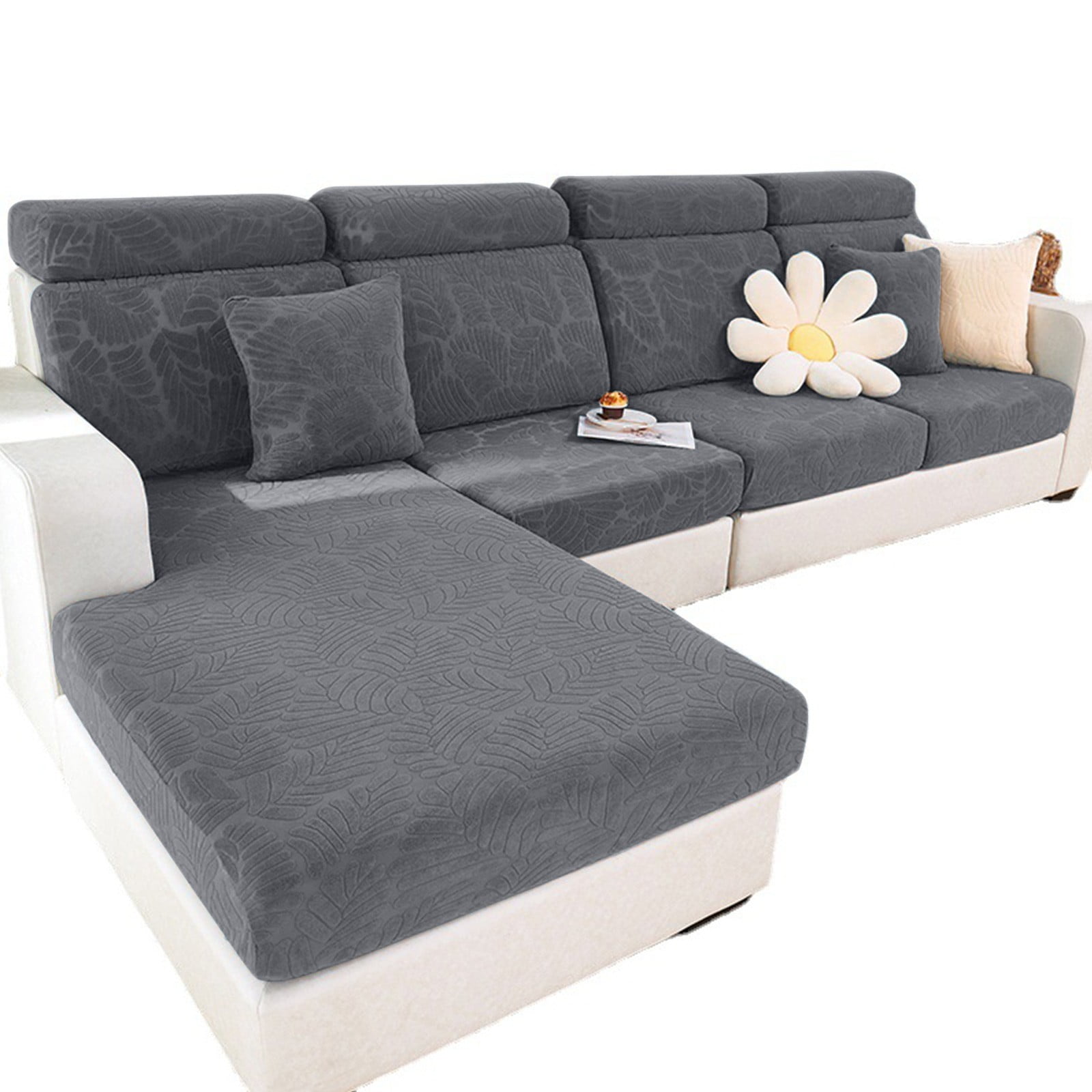 YFVVCZC Sofa Cover (Large Leaf Gentleman Grey) Large Single,Cushion