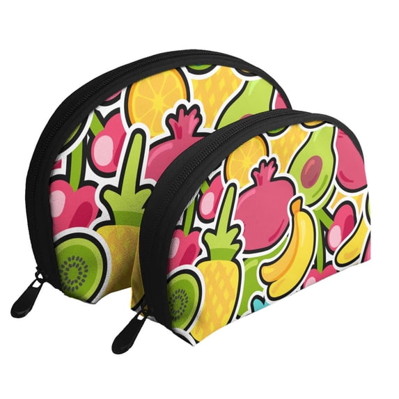 YFYANG 2 Piece Women's Portable Makeup Bags, Colorful Cartoon Fruit Doodle Clutch Travel Toilet Bags Cosmetic Organizer