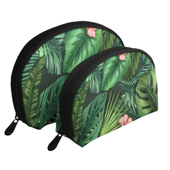 YFYANG 2 Piece Women's Portable Makeup Bags, Tropical Green Leaf Texture Clutch Travel Toilet Bags Cosmetic Organizer