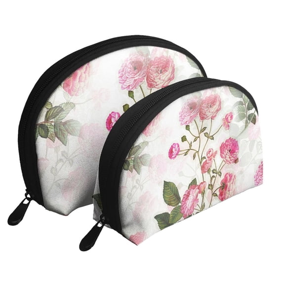 YFYANG 2 Piece Women's Portable Makeup Bags, Vintage Pink Flowers Clutch Travel Toilet Bags Cosmetic Organizer