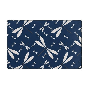 YFYANG 36"x24" Non-Slip Flannel Carpet Doormat, Living Room Bedroom Office Decorative Area Rugs, Indoor Vintage Blue Dragonfly Pattern Floor Mats