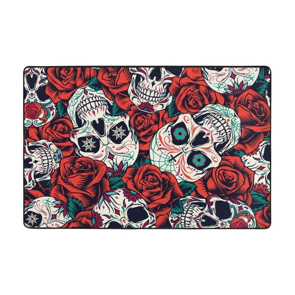 YFYANG 36"x24" Non-Slip Flannel Carpet Doormat, Living Room Bedroom Office Decorative Area Rugs, Indoor Vintage Rose Skull Pattern Floor Mats