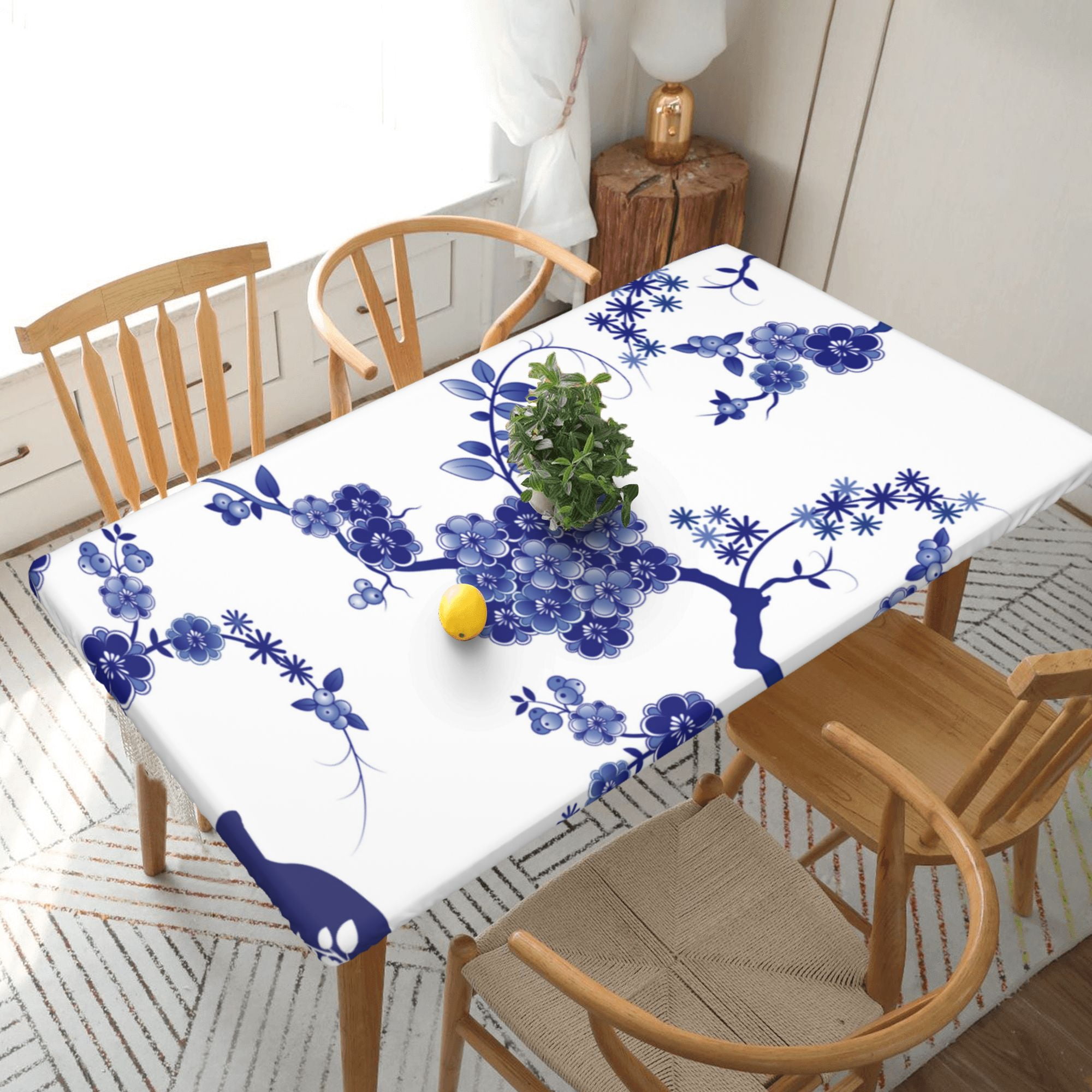 YFYANG 5FT Rectangular Table Cloth, Waterproof Polyester Blue Vase ...