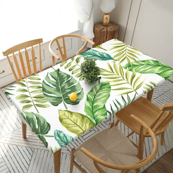 YFYANG 5FT Rectangular Table Cloth, Waterproof Polyester Green Abstract Leaf Doodle Table Cover, Indoor Outdoor Decorative Tablecloths with Elastic Edge