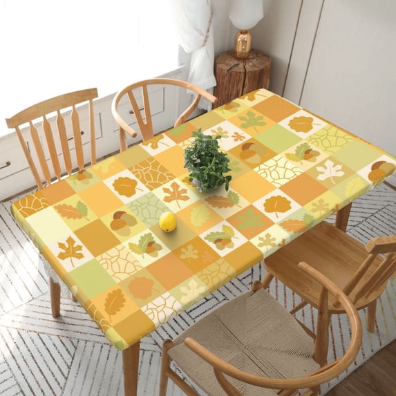 YFYANG 5FT Rectangular Table Cloth, Waterproof Polyester Orange Autumn Plaid Table Cover, Indoor Outdoor Decorative Tablecloths with Elastic Edge