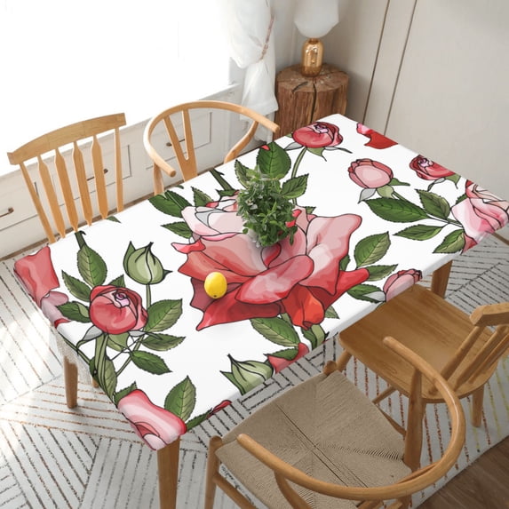 YFYANG 5FT Rectangular Table Cloth, Waterproof Polyester Red Pink Watercolor Rose Texture Table Cover, Indoor Outdoor Decorative Tablecloths with Elastic Edge