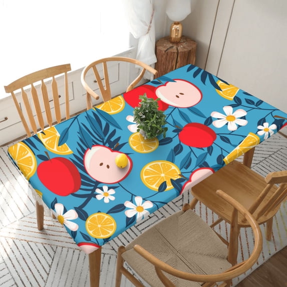 YFYANG 5FT Rectangular Table Cloth, Waterproof Polyester Vintage Floral Fruit Graffiti Table Cover, Indoor Outdoor Decorative Tablecloths with Elastic Edge