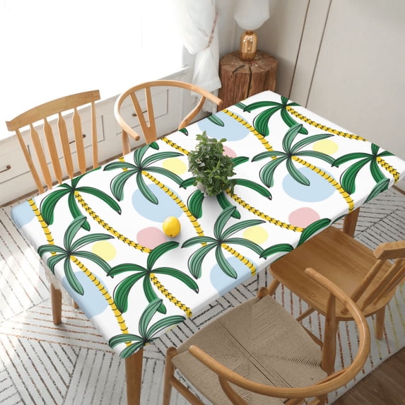 YFYANG 5FT Rectangular Table Cloth, Waterproof Polyester Watercolor Coconut Tree Pattern Table Cover, Indoor Outdoor Decorative Tablecloths with Elastic Edge