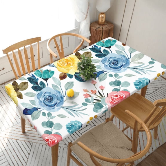 YFYANG 5FT Rectangular Table Cloth, Waterproof Polyester Watercolor Vintage Flowers Table Cover, Indoor Outdoor Decorative Tablecloths with Elastic Edge