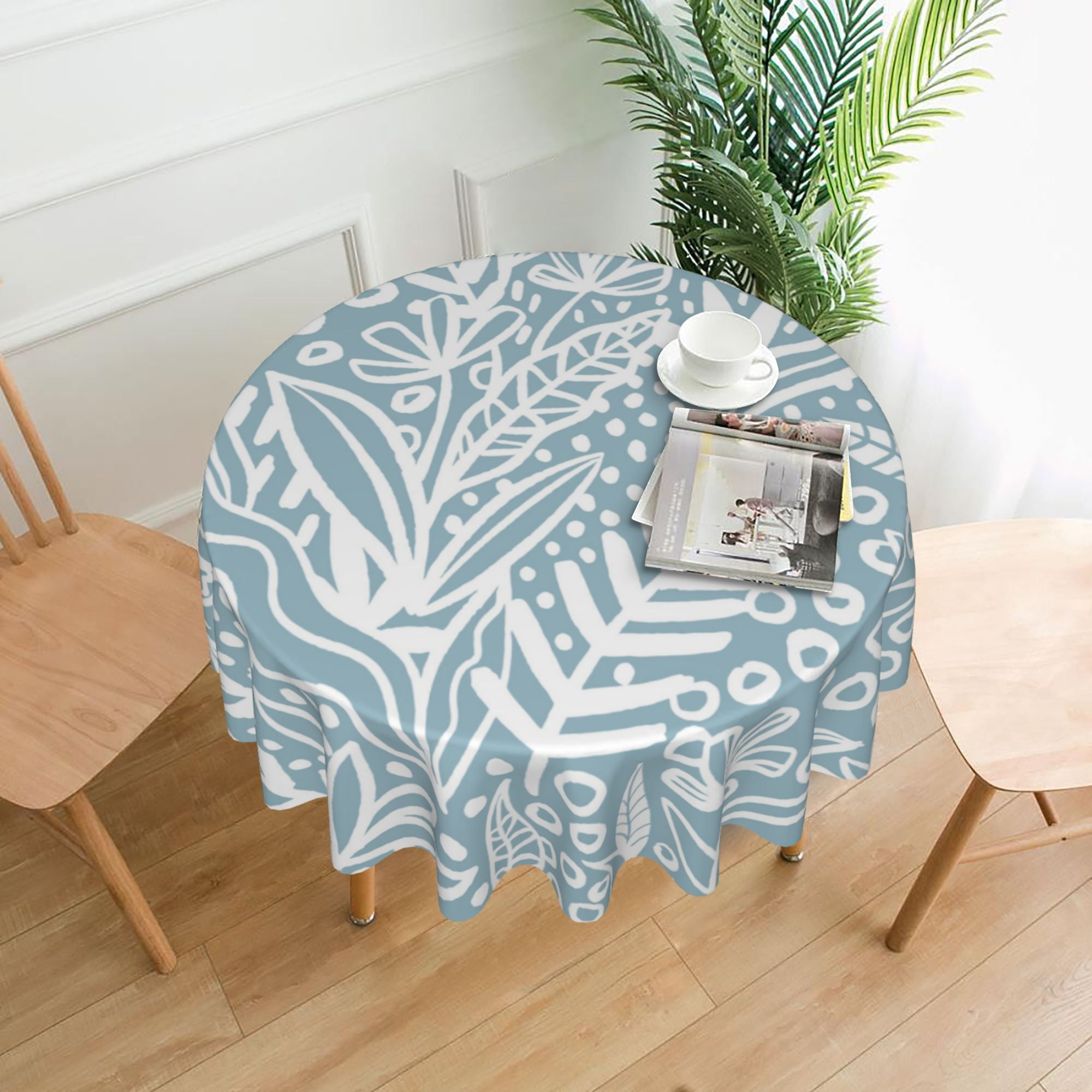 YFYANG 60 inch Round Table Cloth, Reusable Polyester Blue Floral ...