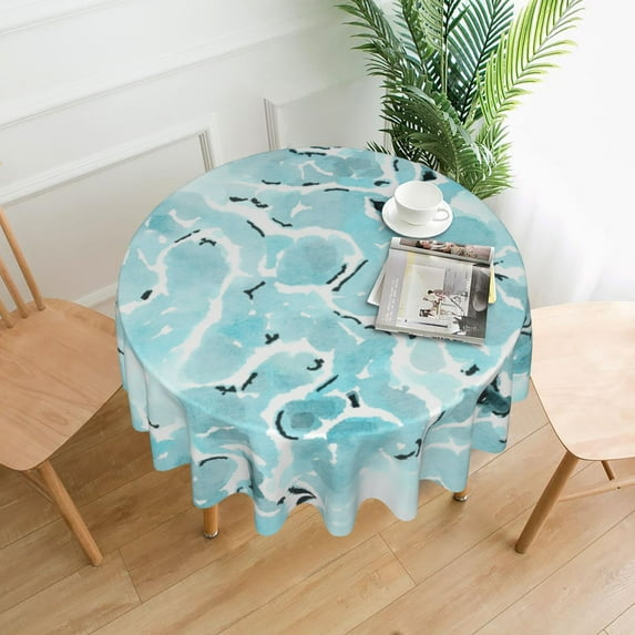 YFYANG 60 inch Round Table Cloth, Reusable Polyester Blue Watercolor Waves Texture Table Cover for Indoor Outdoor Kitchen Restaurant Table Decoration Tablecloths