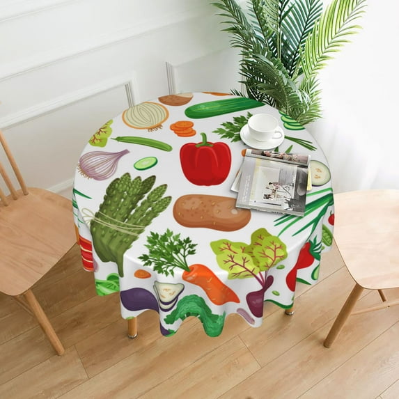 YFYANG 60 inch Round Table Cloth, Reusable Polyester Cartoon Vegetable Doodle Table Cover for Indoor Outdoor Kitchen Restaurant Table Decoration Tablecloths