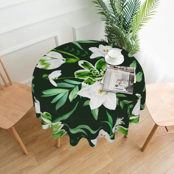YFYANG 60 inch Round Table Cloth, Reusable Polyester Vintage Watercolor Green Flower Table Cover for Indoor Outdoor Kitchen Restaurant Table Decoration Tablecloths
