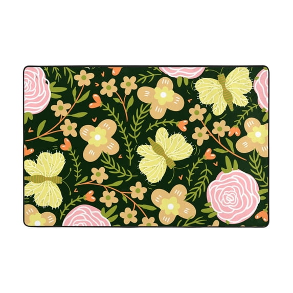 YFYANG 72"x48" Non-Slip Flannel Carpet Doormat, Living Room Bedroom Office Decorative Area Rugs, Indoor Butterfly Rose Pattern Floor Mats