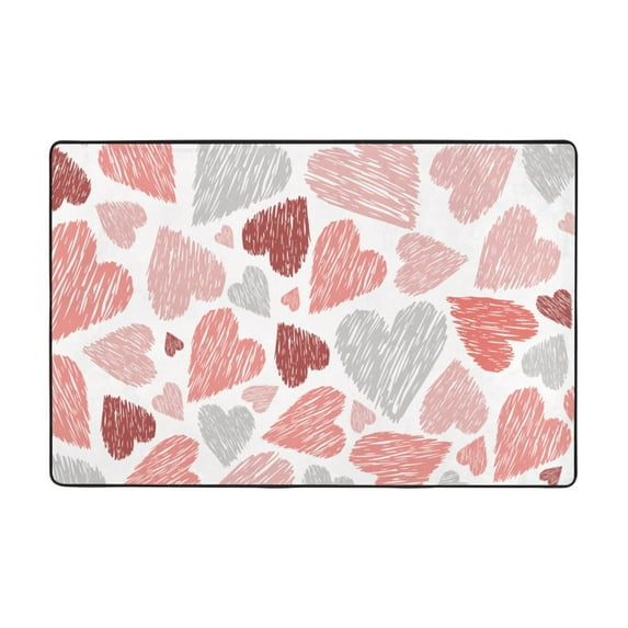 YFYANG 72"x48" Non-Slip Flannel Carpet Doormat, Living Room Bedroom Office Decorative Area Rugs, Indoor Red Abstract Heart Doodle Floor Mats
