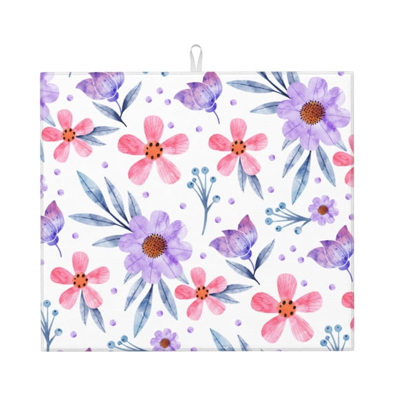 YFYANG Absorbent Dish Drying Mat for Kitchen, Reusable Purple Watercolor Flowers Microfiber Dish Mat, 16 x 18 inch