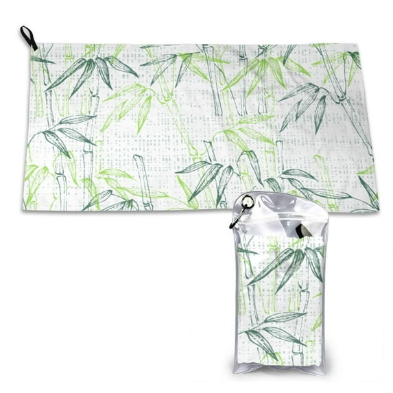 YFYANG Adult Microfiber Portable Travel Towel, Green Bamboo Doodle Quick Dry Towel with Hiking Buckle PVC Pouch, 16" x 31.5"