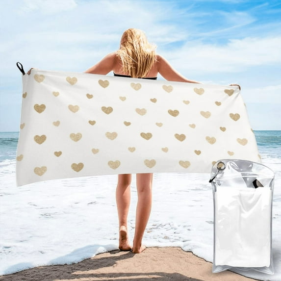 YFYANG Adult Microfiber Quick Dry Bath Towels, Golden Heart Pattern Beach Towel, Home Camping Travel Essentials, 27.5" x 55"