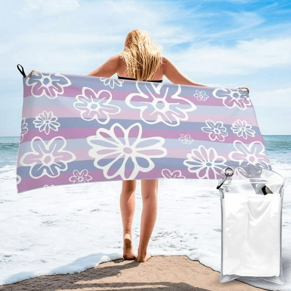 YFYANG Adult Microfiber Quick Dry Bath Towels, Purple Striped Flowers Beach Towel, Home Camping Travel Essentials, 27.5" x 55"