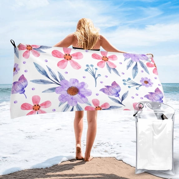 YFYANG Adult Microfiber Quick Dry Bath Towels, Purple Watercolor Flowers Beach Towel, Home Camping Travel Essentials, 27.5" x 55"