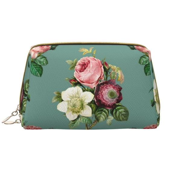 YFYANG Large Clutch Leather Makeup Bag, Vintage Roses Floral Travel Toiletries Bag, Ladies Cosmetic Storage Bag
