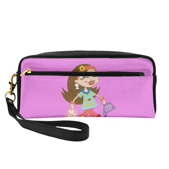 YFYANG Leather Portable Travel Small Makeup Bag, Multifunctional Storage Bag, Pink Shopping Girl Pattern Cosmetic Bag