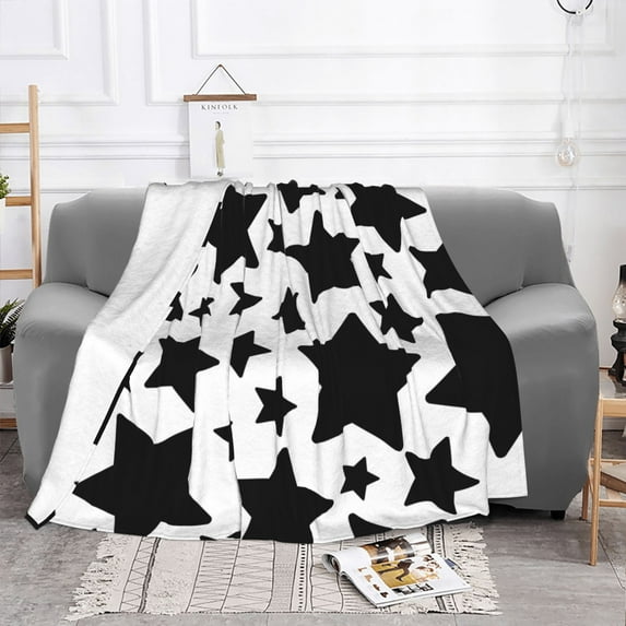 YFYANG Lightweight Warm Flannel Blanket, Black and White Star Doodle Throw Blanket for Bed, Sofa, Travel, Camping, 40"x30"