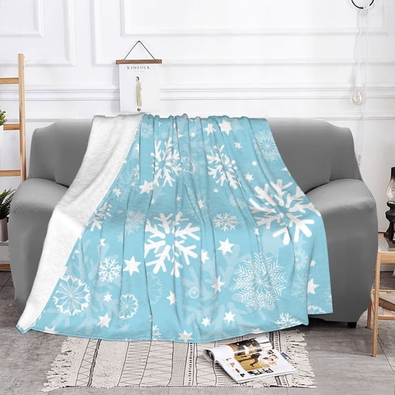 YFYANG Lightweight Warm Flannel Blanket, Blue Christmas Snowflakes Throw Blanket for Bed, Sofa, Travel, Camping, 40"x30"