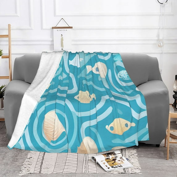 YFYANG Lightweight Warm Flannel Blanket, Blue Ocean Fish Doodle Throw Blanket for Bed, Sofa, Travel, Camping, 50"x40"