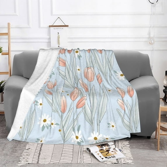 YFYANG Lightweight Warm Flannel Blanket, Cute Vintage Floral Doodle Throw Blanket for Bed, Sofa, Travel, Camping, 50"x40"