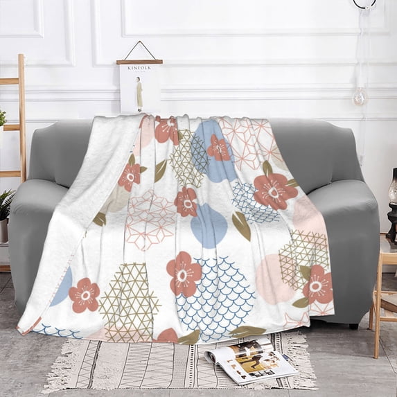 YFYANG Lightweight Warm Flannel Blanket, Geometric Floral Patterns Throw Blanket for Bed, Sofa, Travel, Camping, 80"x60"