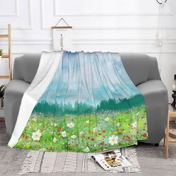 YFYANG Lightweight Warm Flannel Blanket, Green Watercolor Spring Flowers Throw Blanket for Bed, Sofa, Travel, Camping, 80"x60"