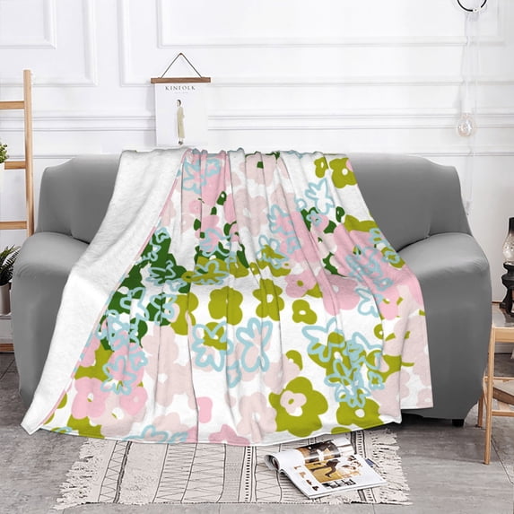 YFYANG Lightweight Warm Flannel Blanket, Pastel Watercolor Floral Doodle Throw Blanket for Bed, Sofa, Travel, Camping, 40"x30"