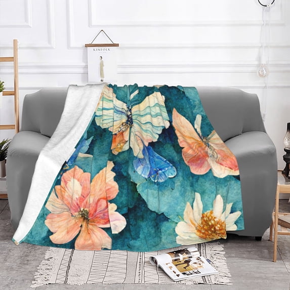 YFYANG Lightweight Warm Flannel Blanket, Watercolor Butterfly Floral Pattern Throw Blanket for Bed, Sofa, Travel, Camping, 50"x40"