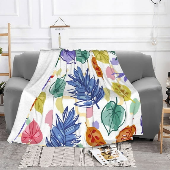 YFYANG Lightweight Warm Flannel Blanket, Watercolor Plant Leaves Throw Blanket for Bed, Sofa, Travel, Camping, 80"x60"