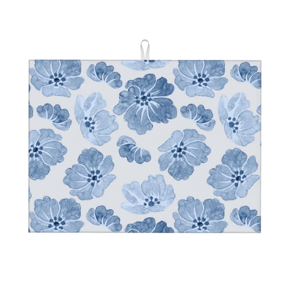 YFYANG Microfiber Dish Drying Mat for Kitchen, Reusable Vintage Blue Watercolor Flower Large Dish Mat, 18" x 24"
