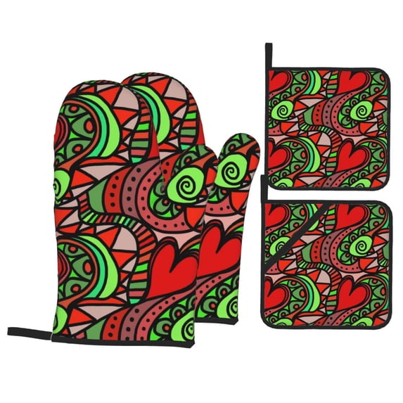 YFYANG Oven Mitts and Pot Holders Sets 4 Pieces, Non-Slip Heat Resistant Red Vintage Painted Abstract Pattern Kitchen Glove Pot Mat for Cooking and Baking