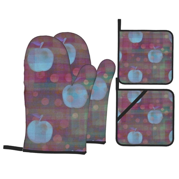 YFYANG Oven Mitts and Pot Holders Sets 4 Pieces, Non-Slip Heat Resistant Abstract Apple Polka Dots Kitchen Glove Pot Mat for Cooking and Baking