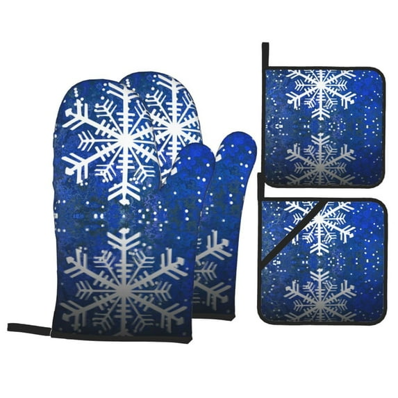 YFYANG Oven Mitts and Pot Holders Sets 4 Pieces, Non-Slip Heat Resistant Blue Snowflake Pattern Kitchen Glove Pot Mat for Cooking and Baking