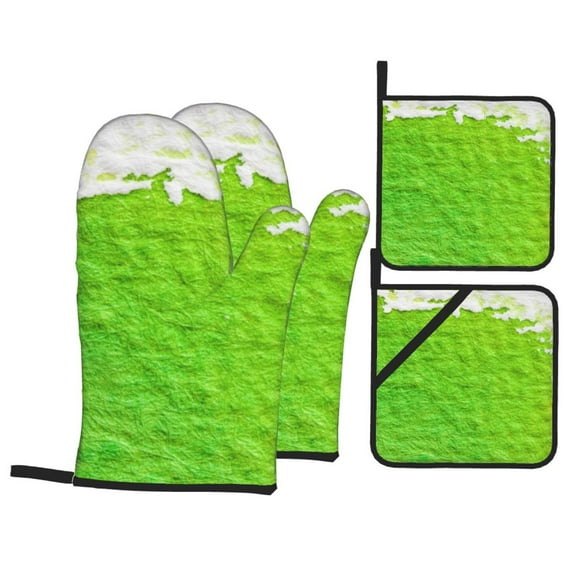 YFYANG Oven Mitts and Pot Holders Sets 4 Pieces, Non-Slip Heat Resistant Green Watercolor Art Kitchen Glove Pot Mat for Cooking and Baking