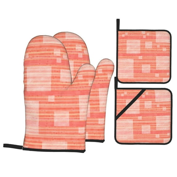 YFYANG Oven Mitts and Pot Holders Sets 4 Pieces, Non-Slip Heat Resistant Orange Geometric Lines Kitchen Glove Pot Mat for Cooking and Baking