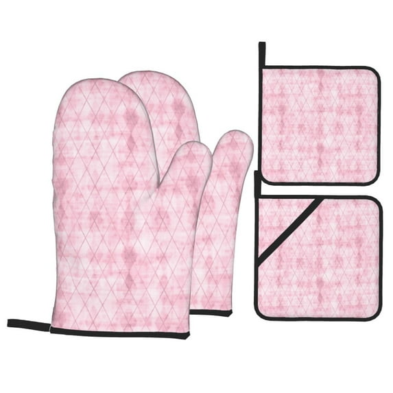 YFYANG Oven Mitts and Pot Holders Sets 4 Pieces, Non-Slip Heat Resistant Pink Diamond Pattern Kitchen Glove Pot Mat for Cooking and Baking